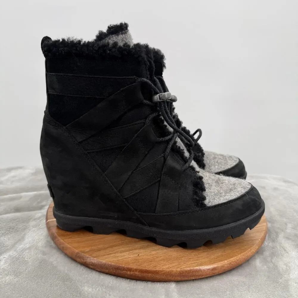 Sorel Wedge Boots Womens 9 Black Gray Suede Shearling Lace Up Winter Lug Sole
